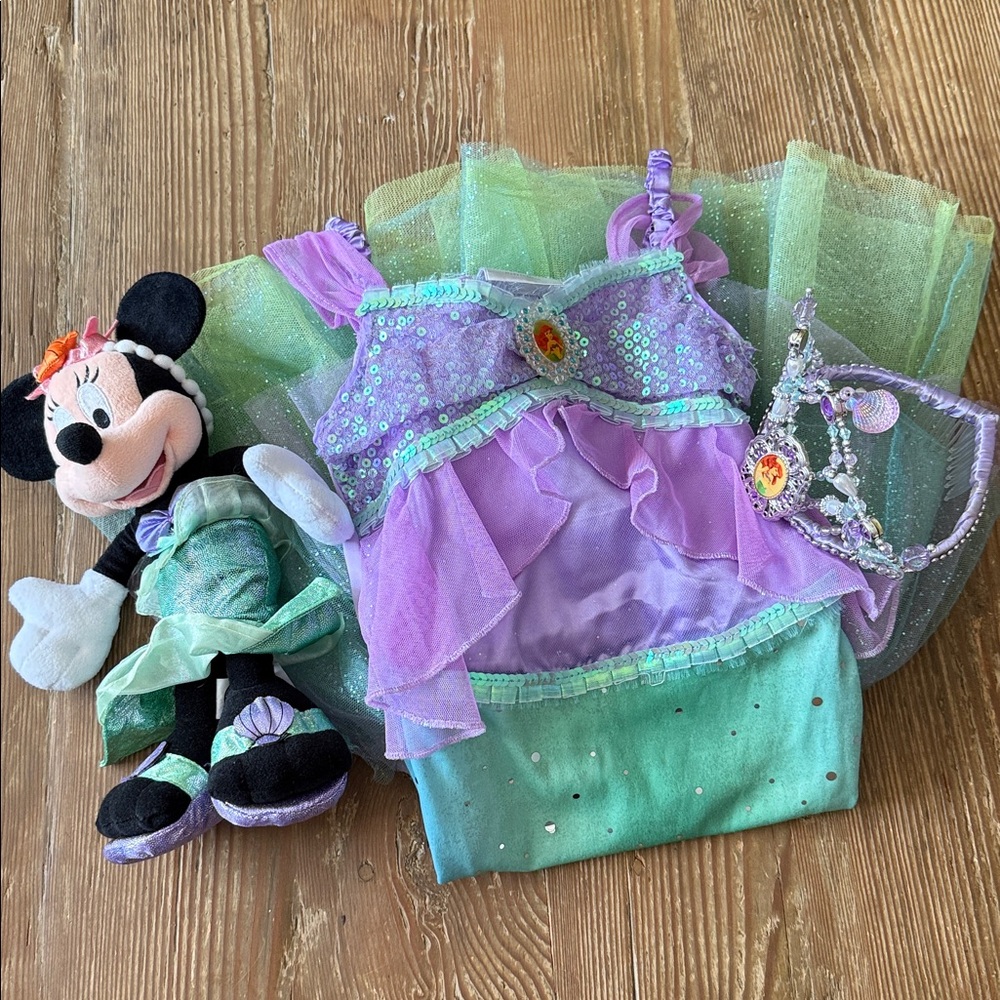 Disney Store XS 4 Little Mermaid dress Costume with crown and Minnie plush - Picture 1 of 8